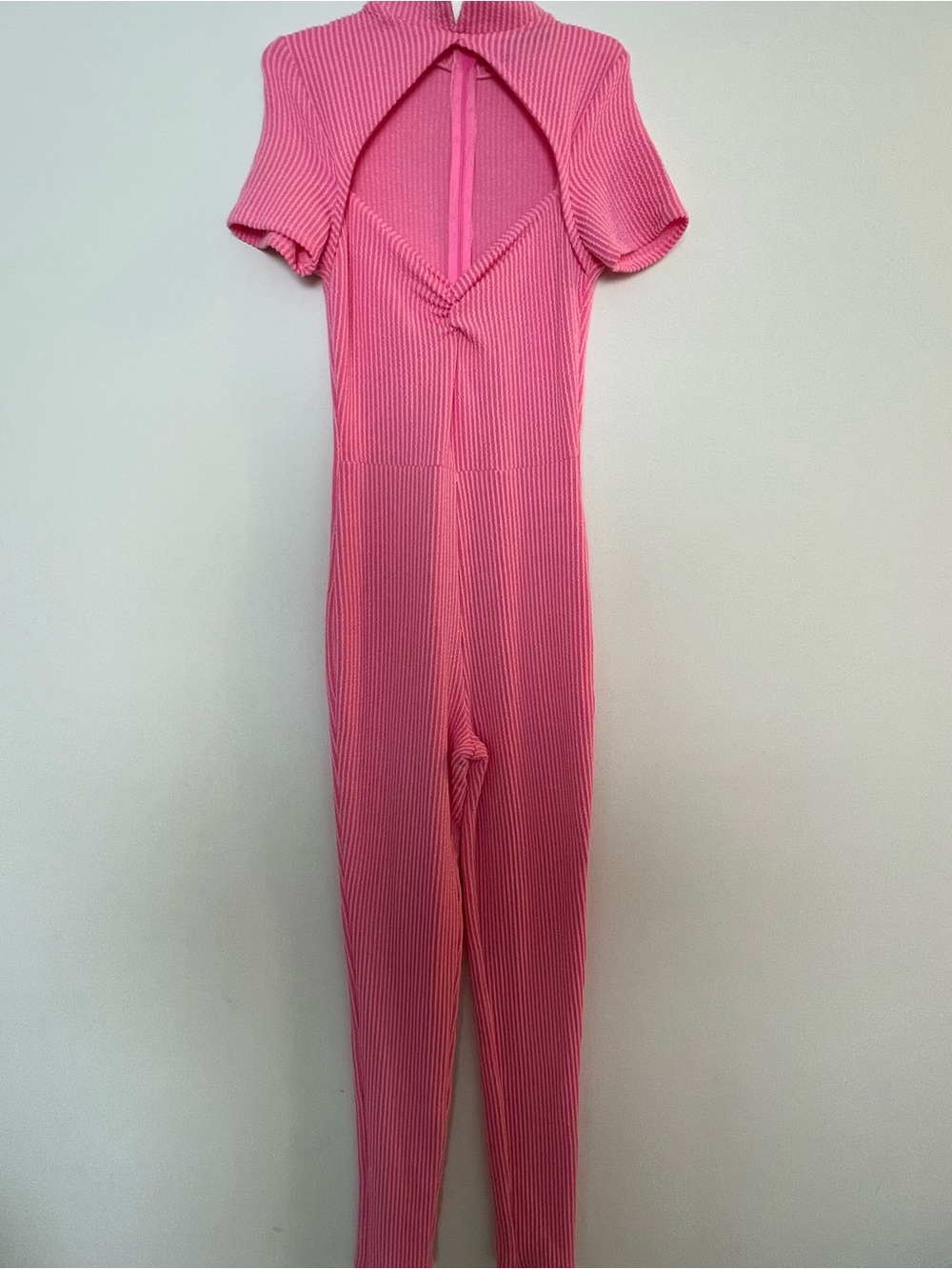 Women’s Pink Ribbed Mock Neck Cutout Jumpsuit – Short Sleeve